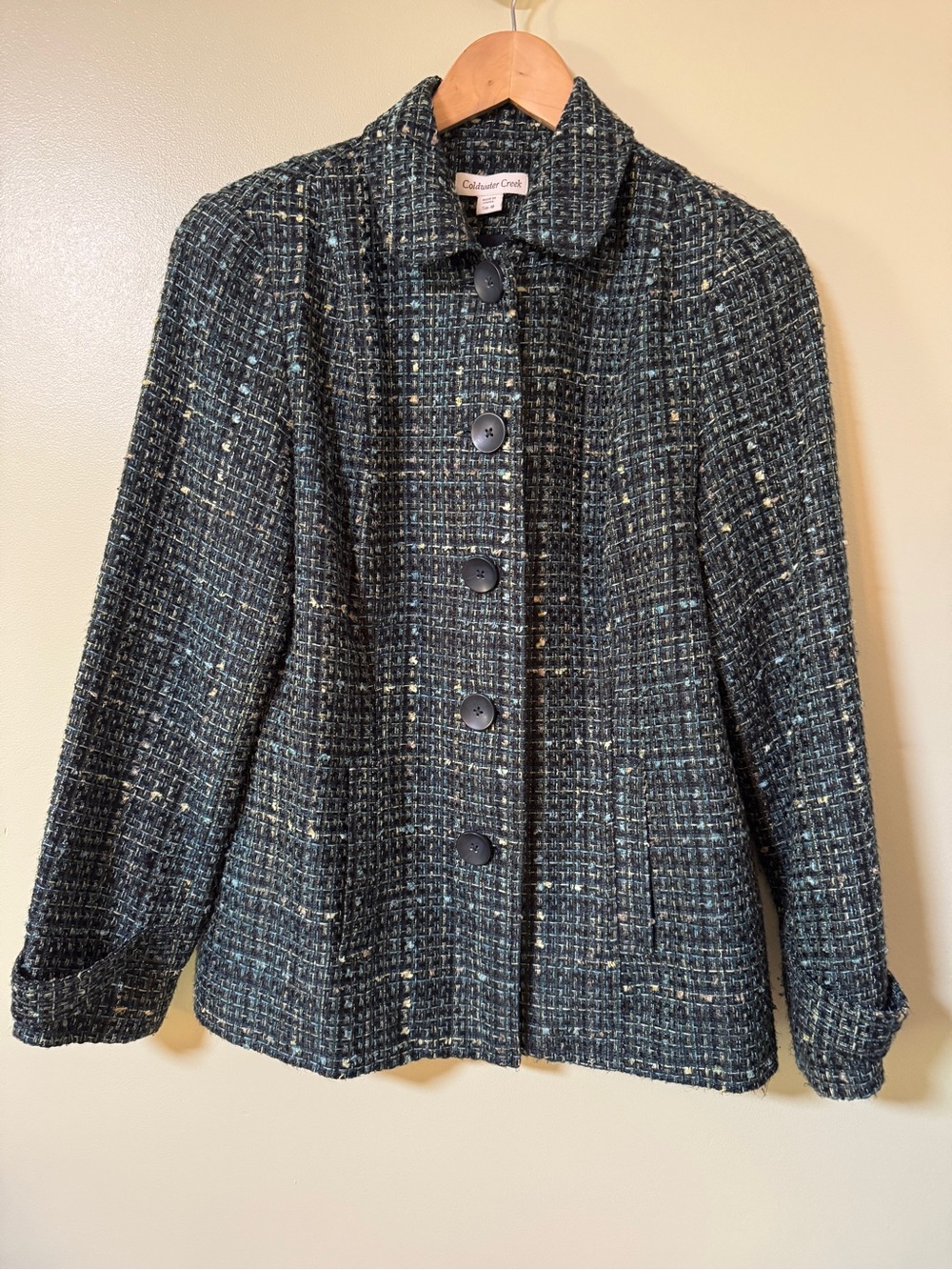Coldwater Creek Women's Green Tweed Button-Front Blazer
